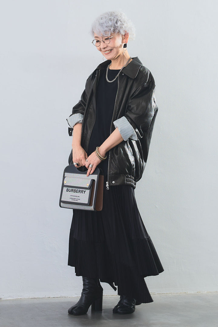 【SET】アシンメトリーロンT+ヴィンテージグロッシーエコレザージャケット+アシンメトリープリーツスカート(3set)