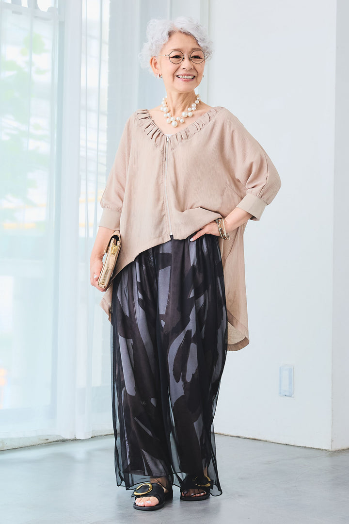 【SET】ギャザーネックロングテールZIPブラウス+シアーチュールレイヤードアートパンツ(2set)