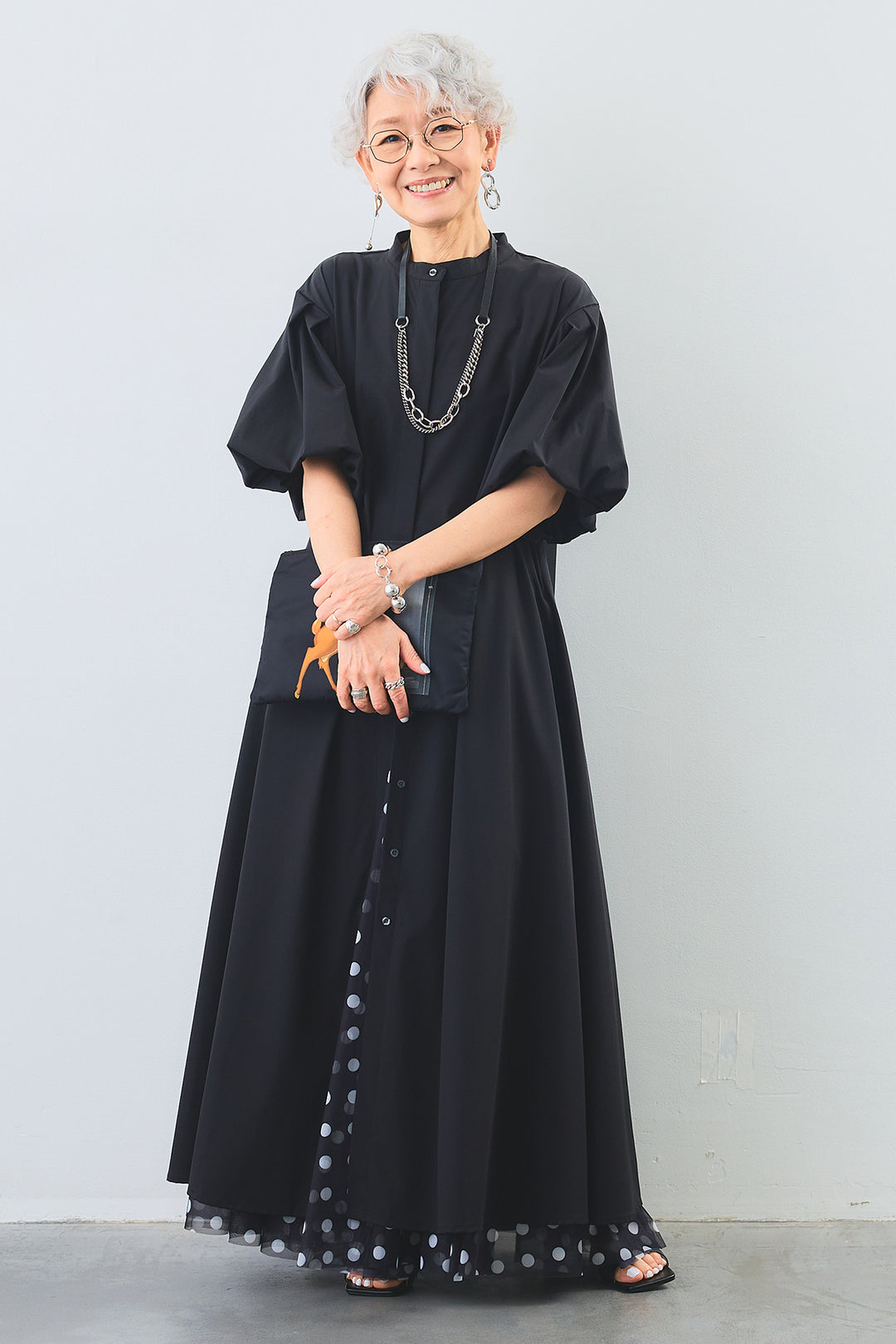 【SET】［接触冷感］バルーンスリーブシャツワンピース+ドットチュールフレアスカート(2set)