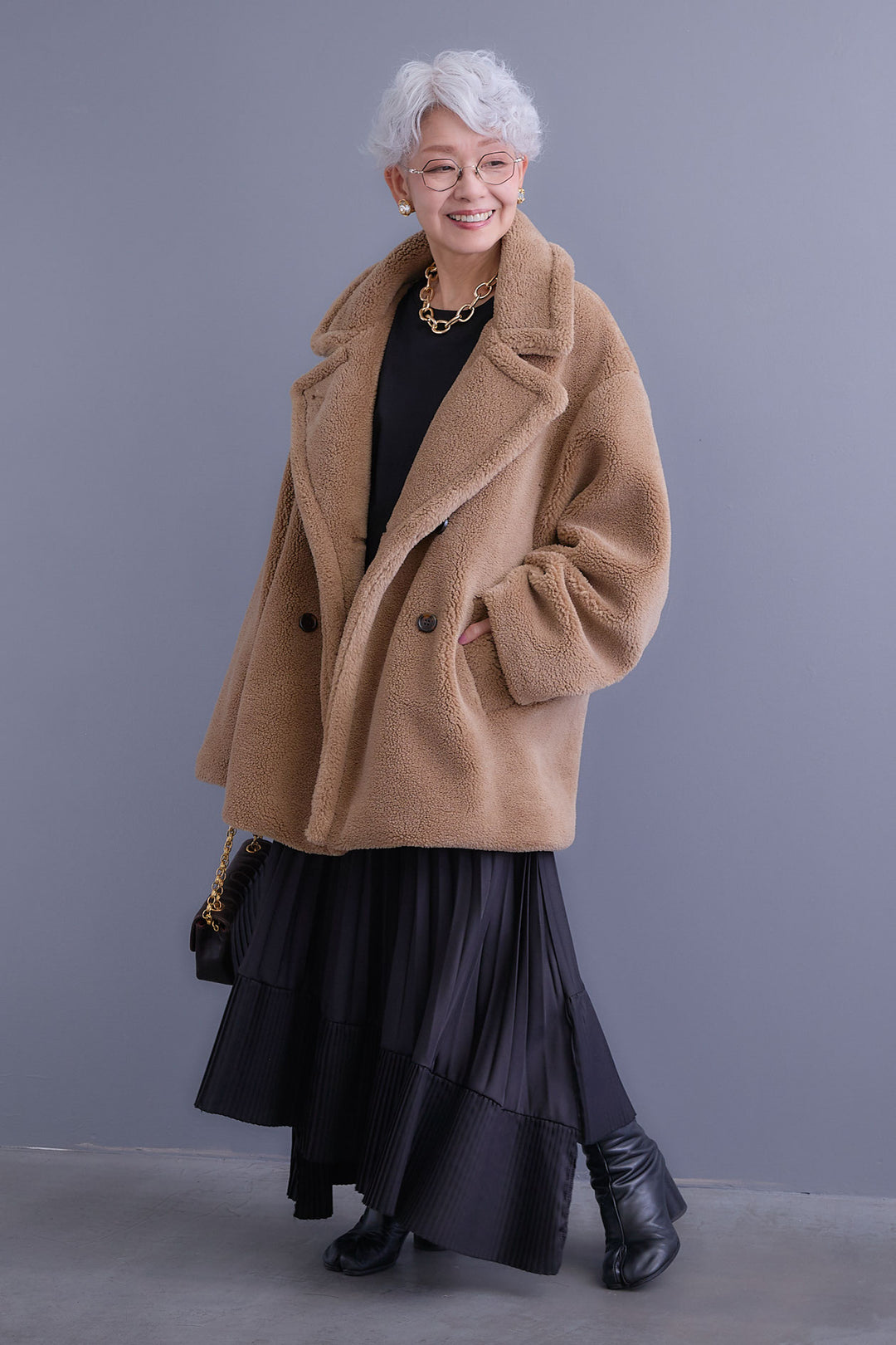【SET】アシンメトリーロンT+テディボアミディコート+アシンメトリープリーツスカート(3set)