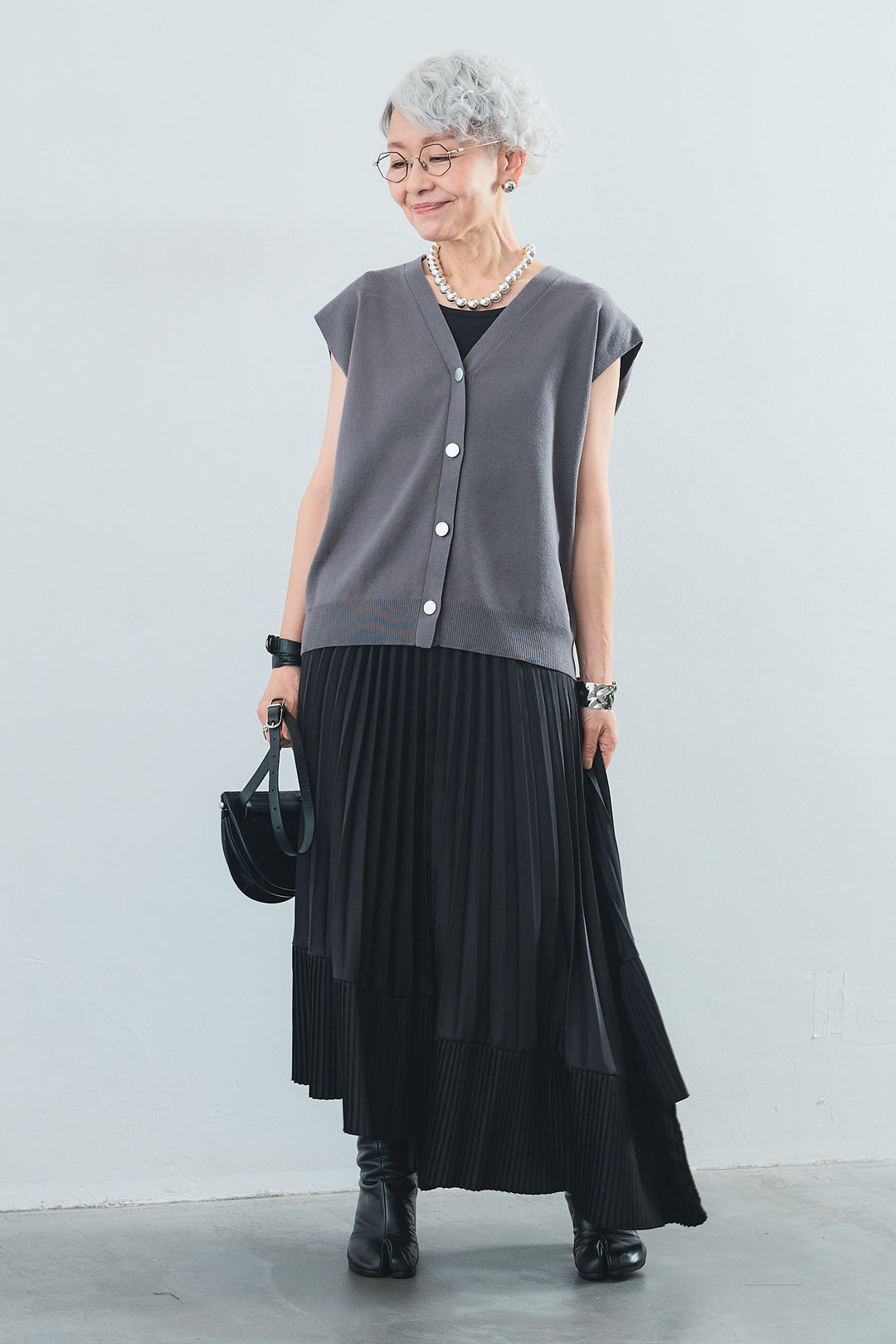 【SET】ベーシックリブタンク+Vネックコットンニットベスト+アシンメトリープリーツスカート(3set)