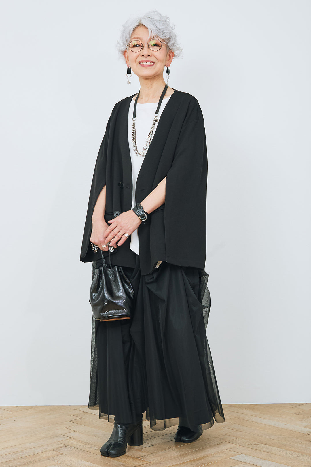 【SET】アシンメトリーロンT+袖2wayスリットノーカラージャケット+チュールタックギャザースカート(3set)