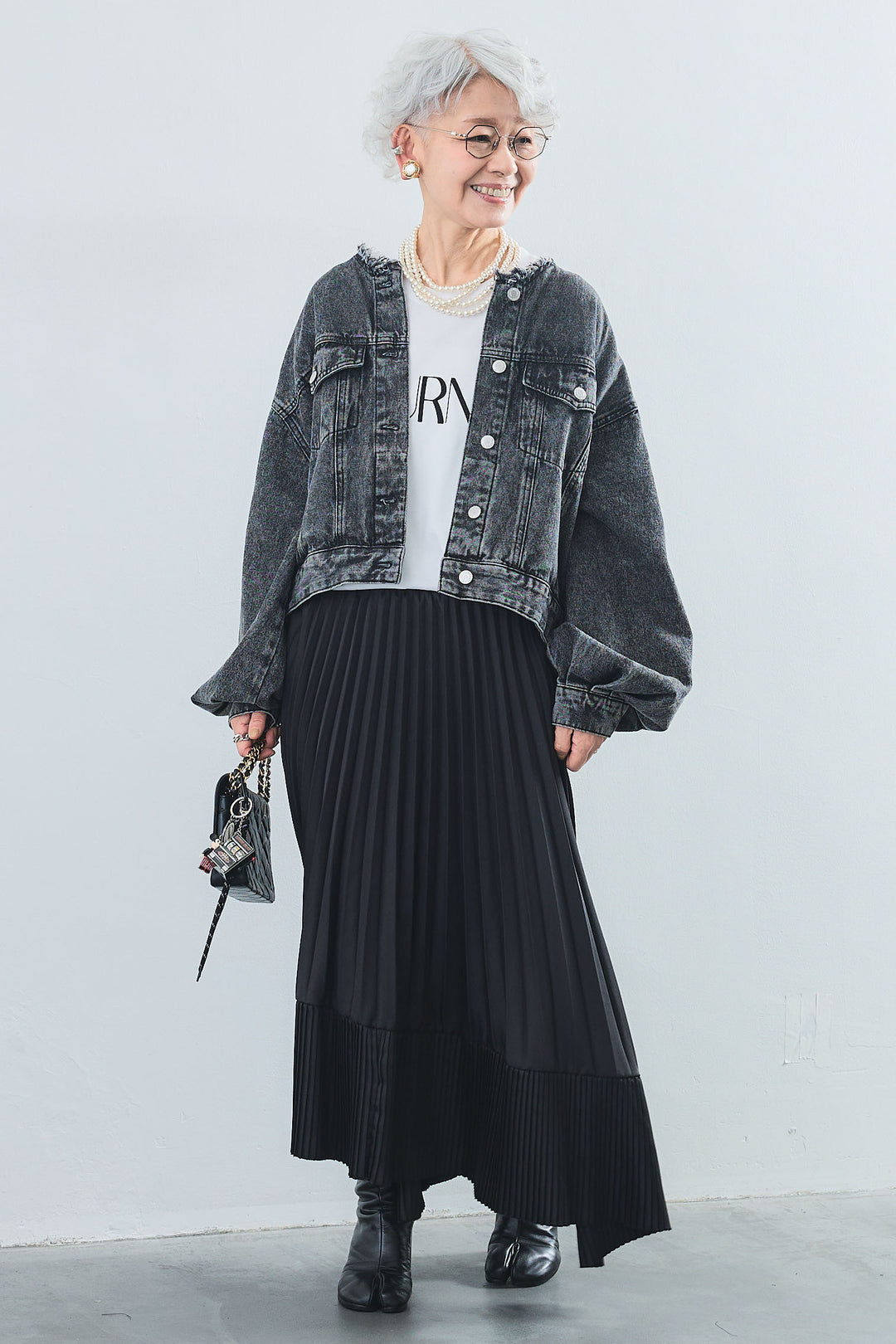【SET】"JOURNÉE"フロッキーロゴフレンチスリーブT+ボリュームスリーブノーカラーデニムジャケット+アシンメトリープリーツスカート(3set)