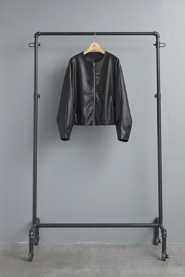 【SET】ビジューニットセットアップ+ラウンドシルエットエコレザーノーカラージャケット(2set)