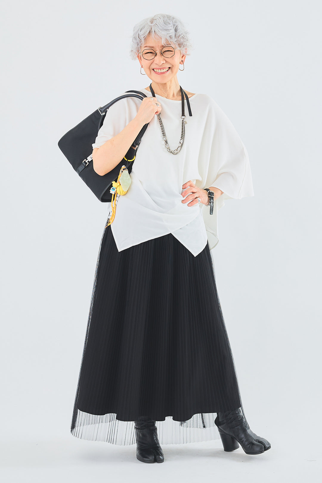 【SET】ジョーゼットシフォンケープアシンメトリーブラウス+シアーチュールプリーツスカート(2set)