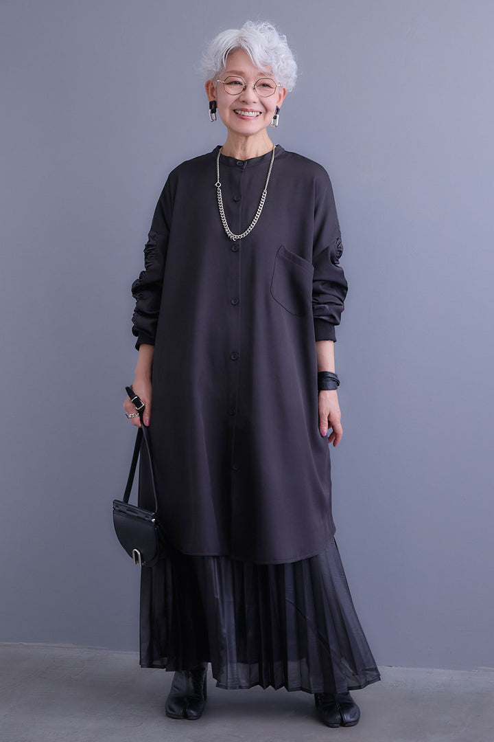【SET】アシンメトリーロンT+MA-1ドッキングデザインロングシャツ+レザーライクプリーツスカート(3set)