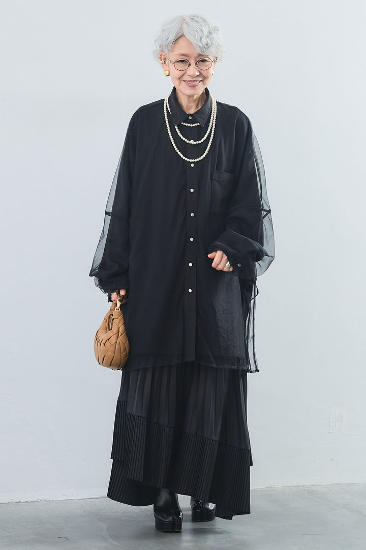 【SET】オーバーチュールレイヤードロングシャツ+アシンメトリープリーツスカート(2set)