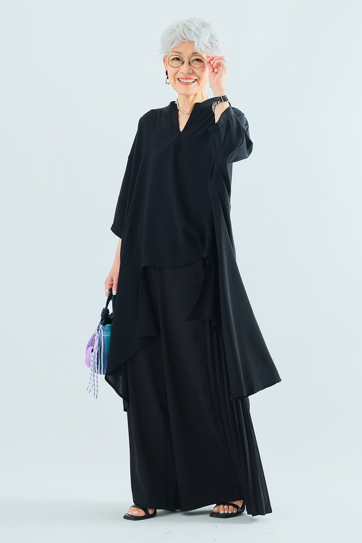 【SET】スキッパーアシンメトリーロングシャツ+サイドプリーツワイドパンツ(2set)