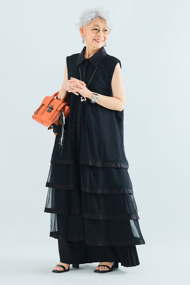 【SET】チュールティアードノースリロングシャツ+サイドプリーツワイドパンツ(2set)