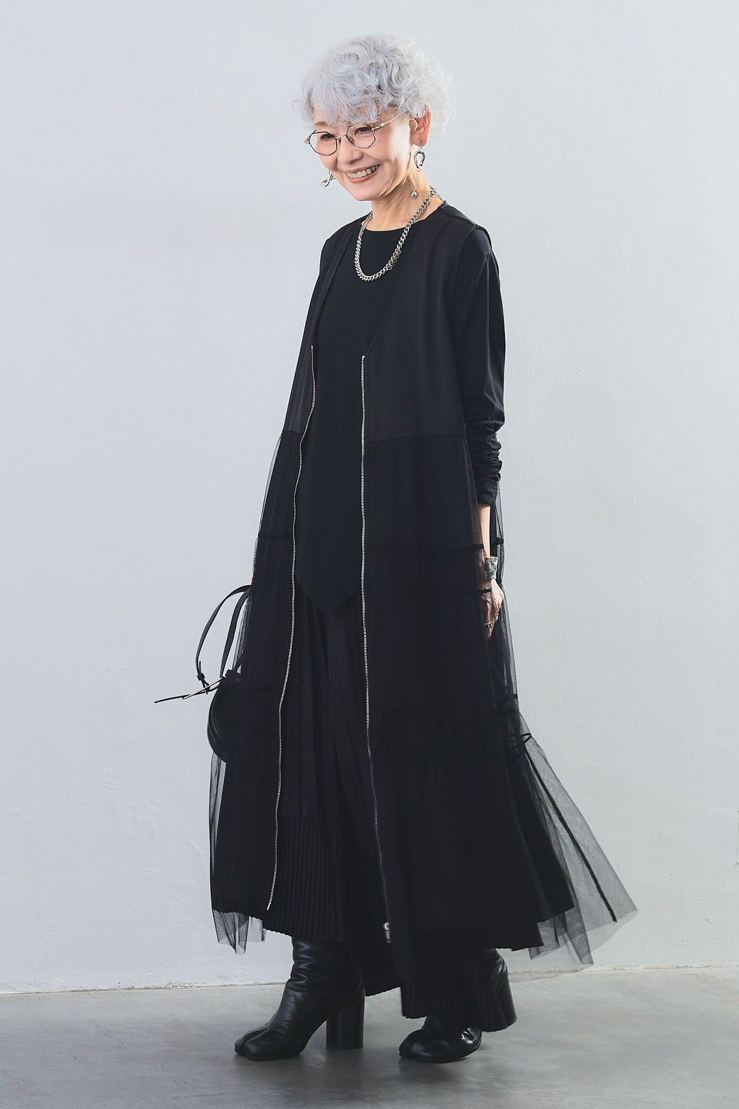 【SET】アシンメトリーロンT+ティアードチュールZIPデザインベストワンピース+アシンメトリープリーツスカート(3set)
