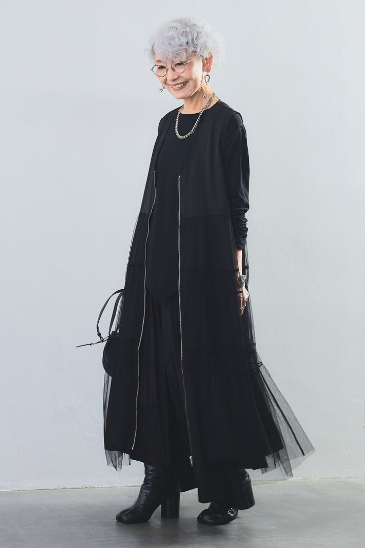 【SET】アシンメトリーロンT+ティアードチュールZIPデザインベストワンピース+アシンメトリープリーツスカート(3set)