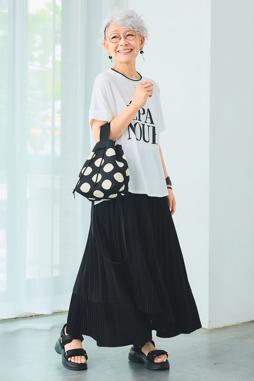 【SET】ÉPANOUEバックシフォンフレアロゴT+アシンメトリーラッフルプリーツスカート(2set)