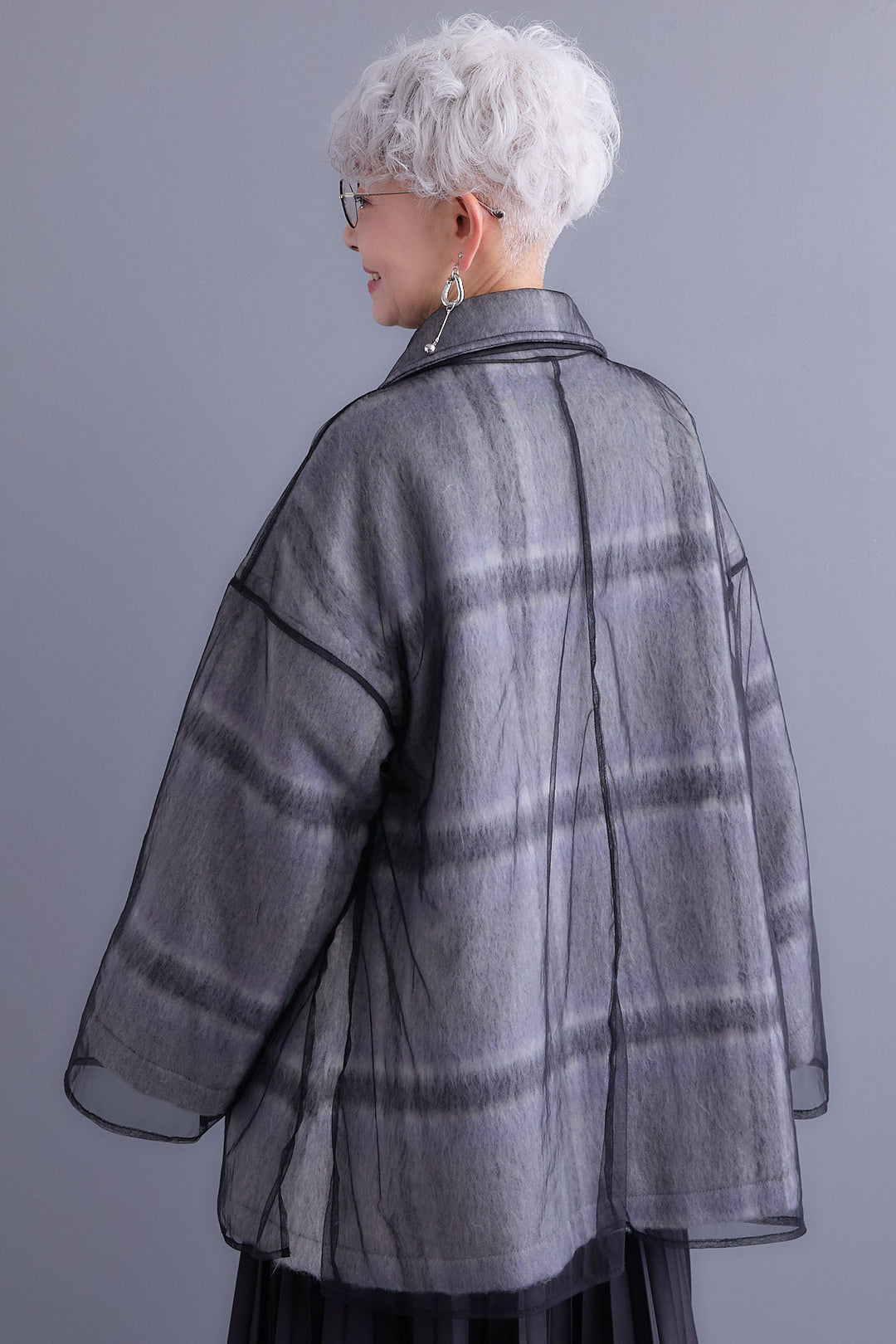 【SET】アシンメトリーオーバーニット+チュールレイヤードシャギーチェックコート+アシンメトリープリーツスカート(3set)