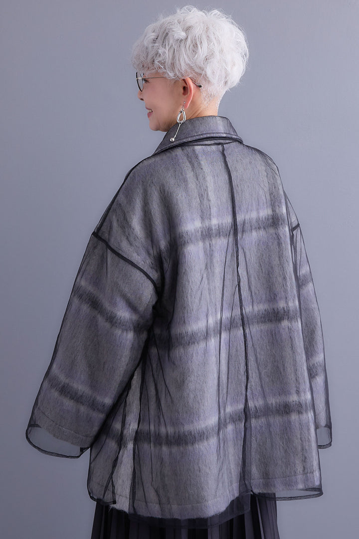 【SET】アシンメトリーオーバーニット+チュールレイヤードシャギーチェックコート+アシンメトリープリーツスカート(3set)