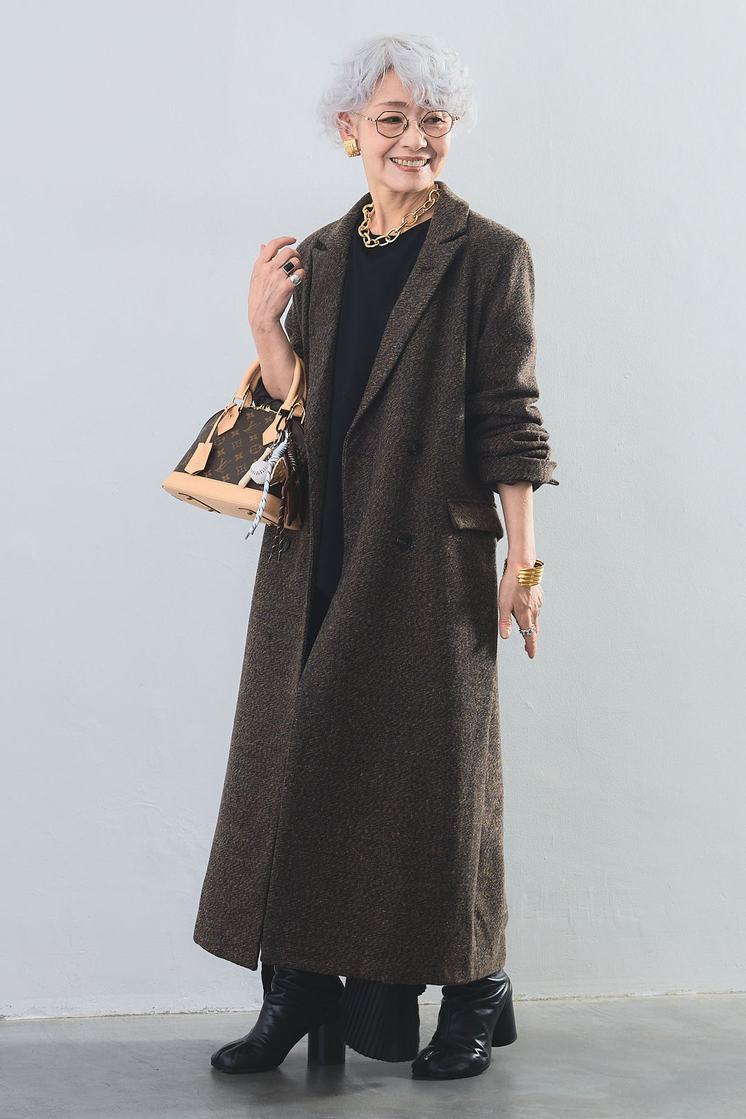 【SET】アシンメトリーロンT+ツイードロングチェスターコート+アシンメトリープリーツスカート(3set)