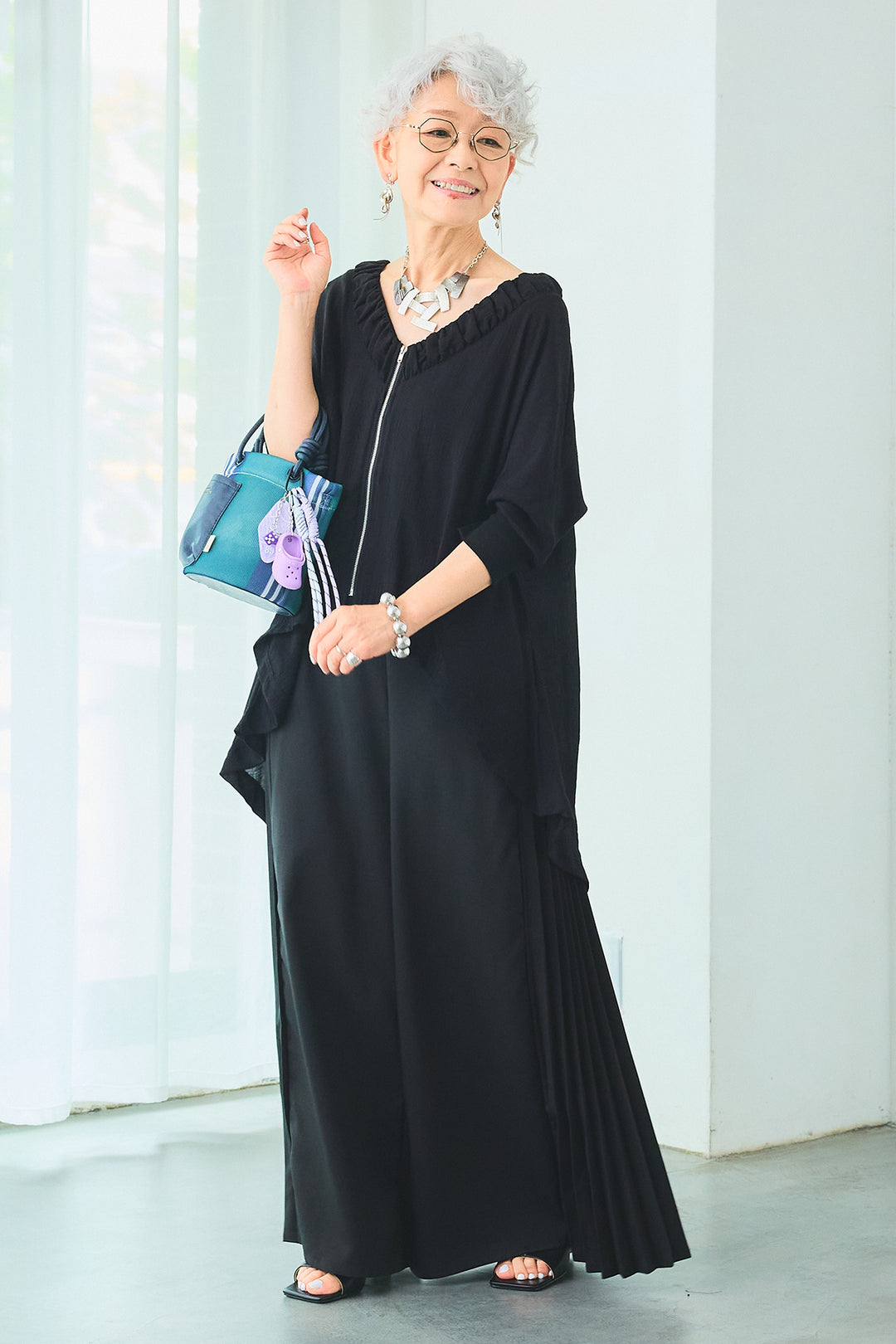 【SET】ギャザーネックロングテールZIPブラウス+サイドプリーツワイドパンツ(2set)
