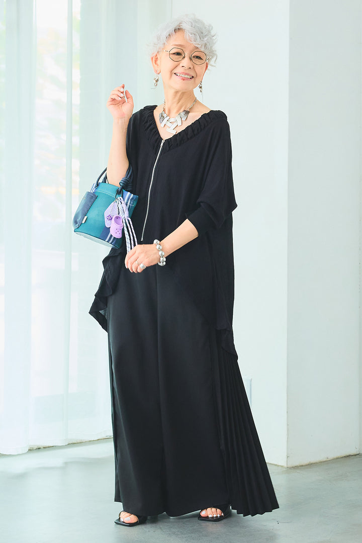 【SET】ギャザーネックロングテールZIPブラウス+サイドプリーツワイドパンツ(2set)