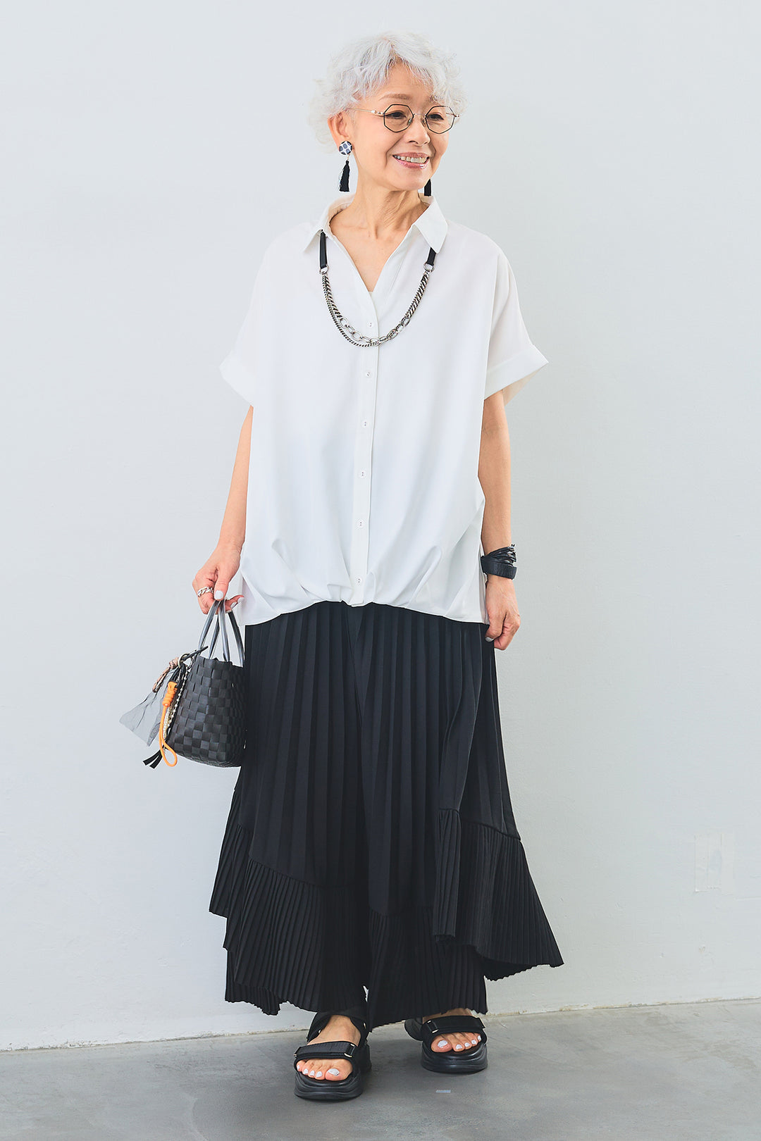 【SET】タックインデザインスキッパーシャツ+アシンメトリーラッフルプリーツスカート(2set)