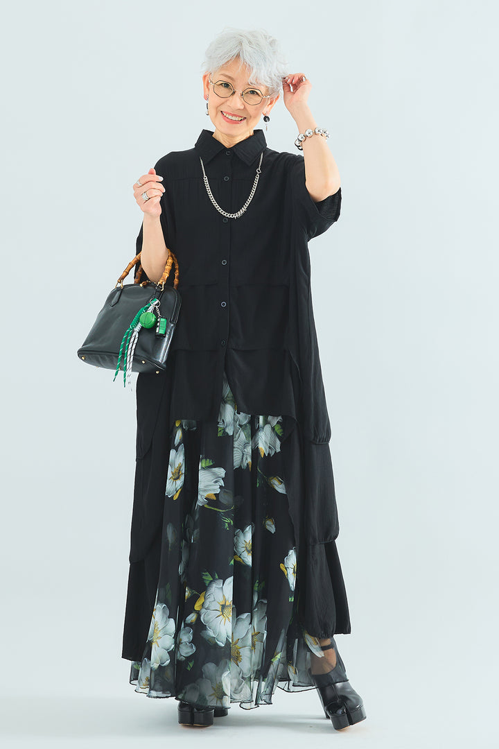 【SET】ティアードバックロングシャツ+ウォーターカラーシアーフラワースカート(2set)