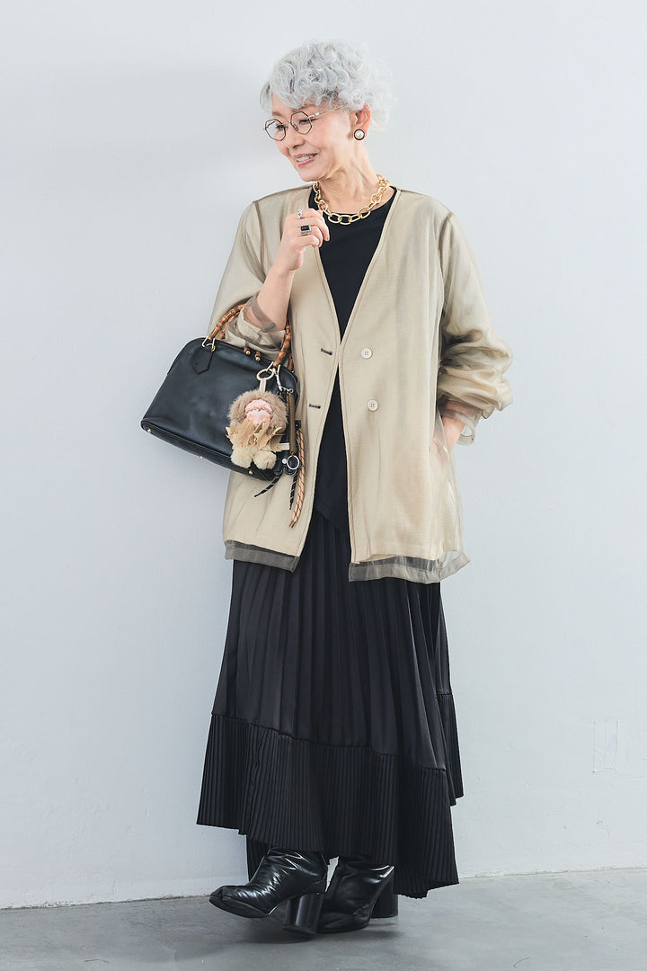【SET】アシンメトリーロンT+チュールレイヤードノーカラージャケット+アシンメトリープリーツスカート(3set)