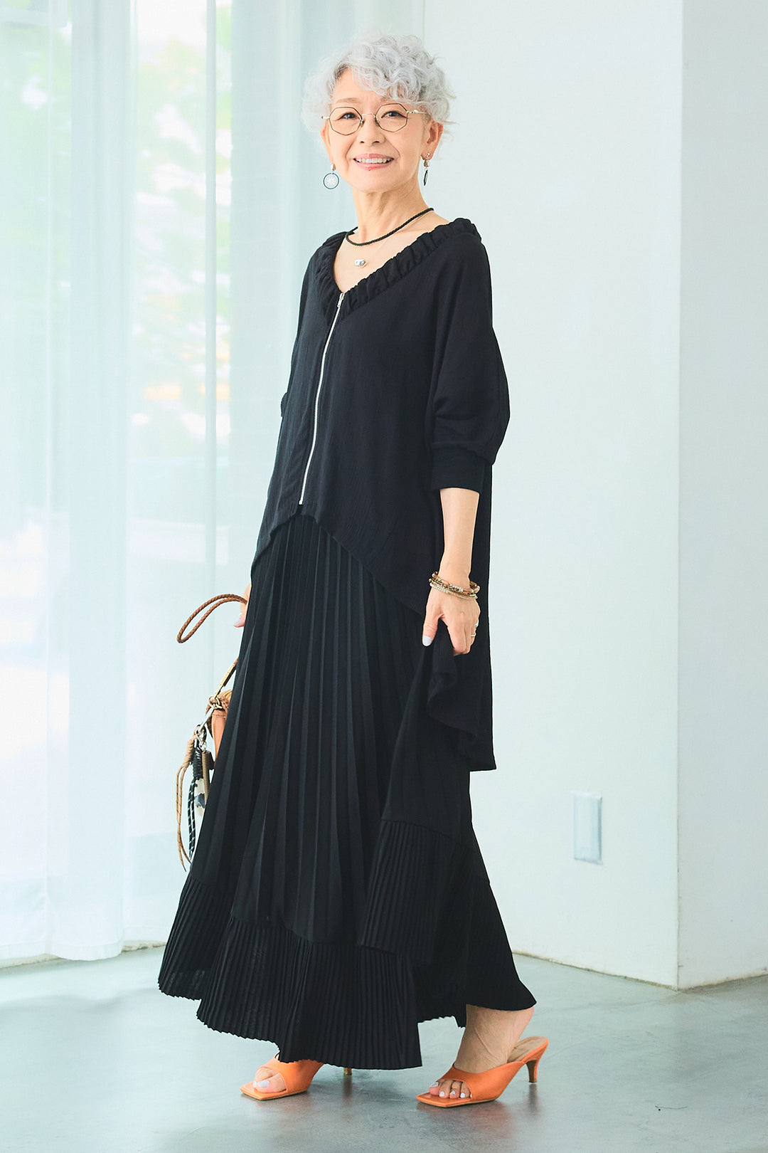 【SET】ギャザーネックロングテールZIPブラウス+アシンメトリーラッフルプリーツスカート(2set)