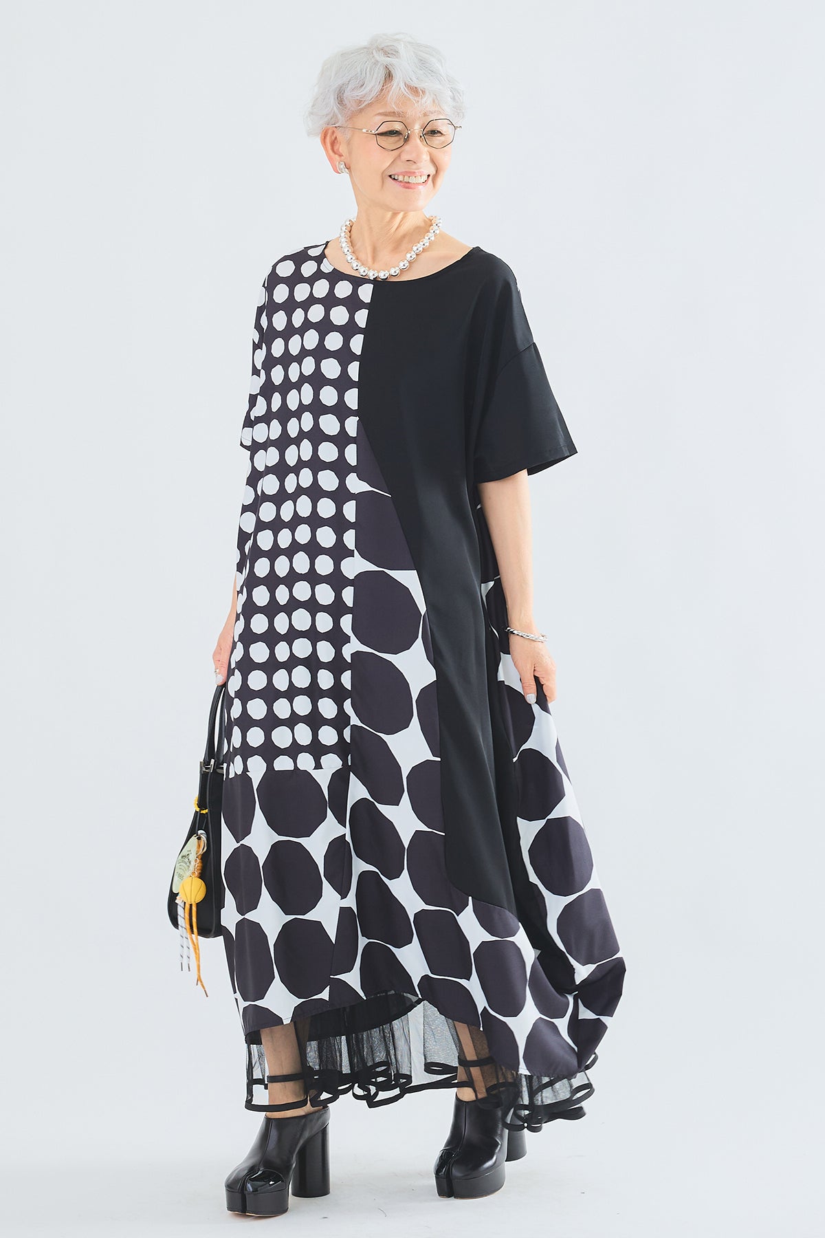 こすもすん バルーンワンピース 黒ピンドット こすもすん バルーン