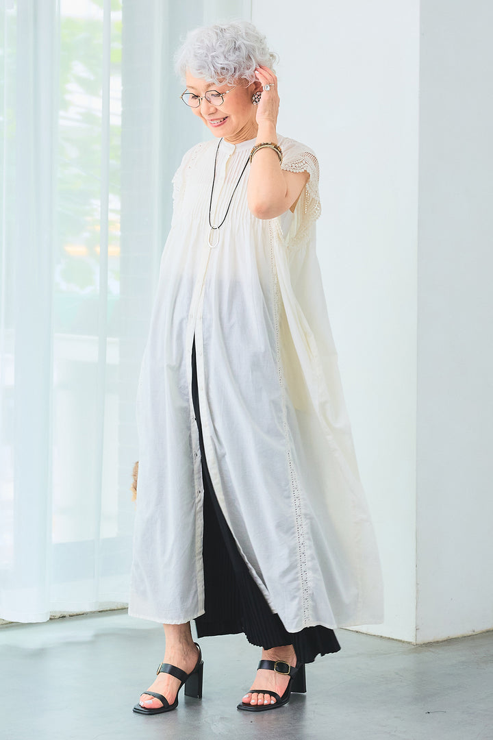 【SET】ショルダーレースピンタックシャツワンピース+アシンメトリーラッフルプリーツスカート(2set)