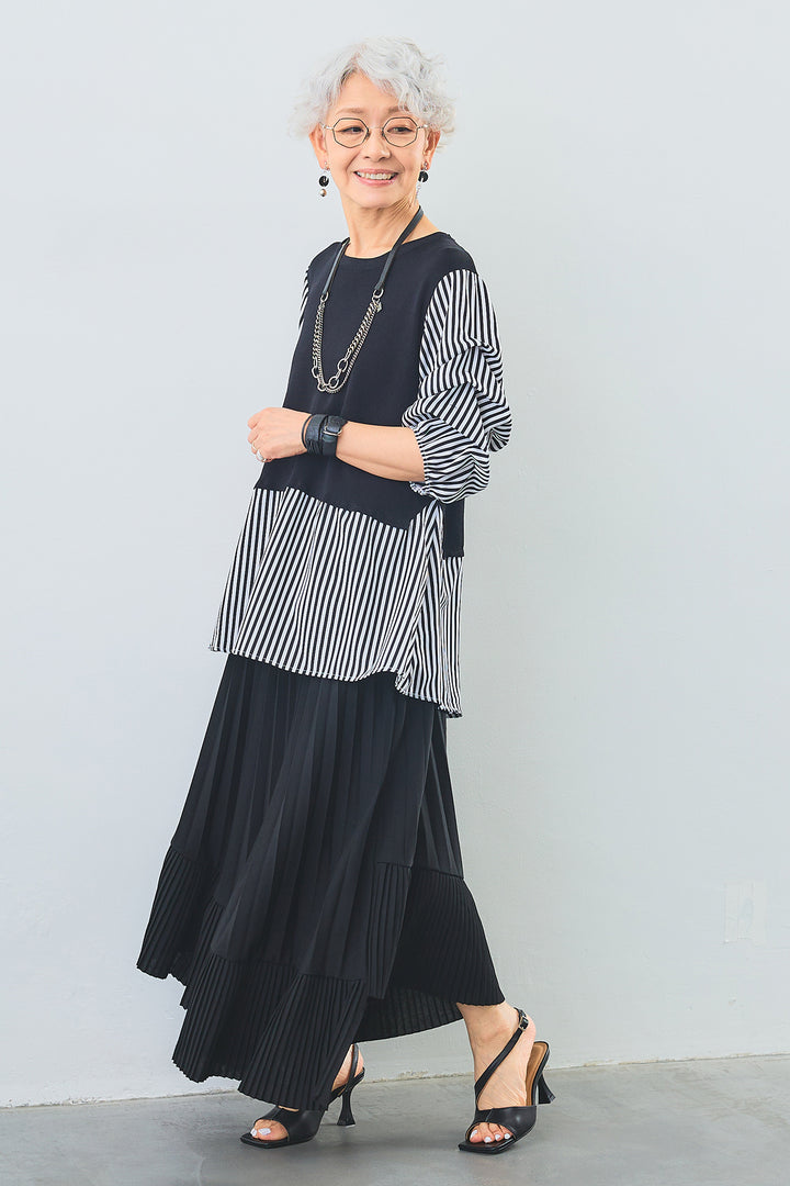 【SET】タックスリーブベストドッキングトップス+アシンメトリーラッフルプリーツスカート(2set)