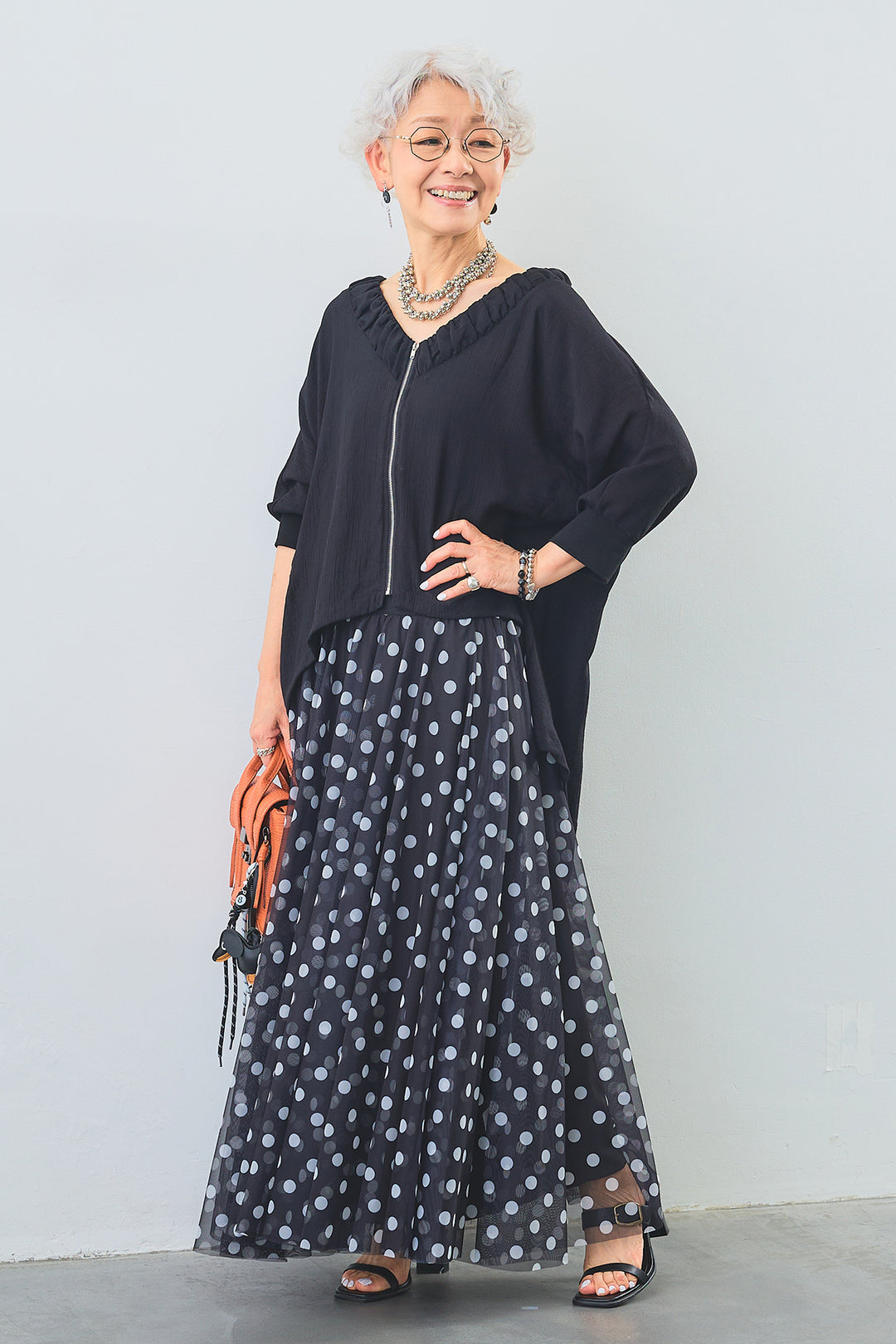 【SET】ギャザーネックロングテールZIPブラウス+ドットチュールフレアスカート(2set)