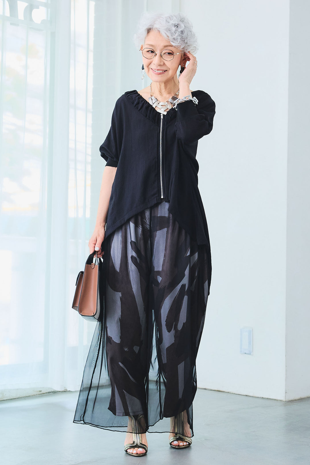 【SET】ギャザーネックロングテールZIPブラウス+シアーチュールレイヤードアートパンツ(2set)