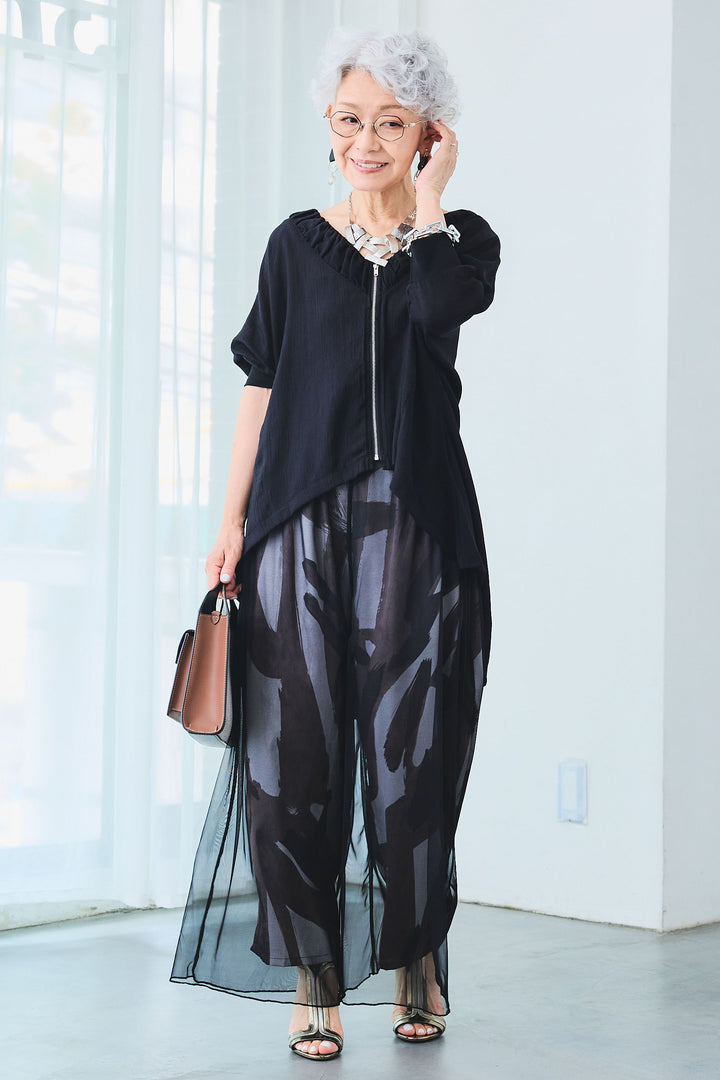 【SET】ギャザーネックロングテールZIPブラウス+シアーチュールレイヤードアートパンツ(2set)