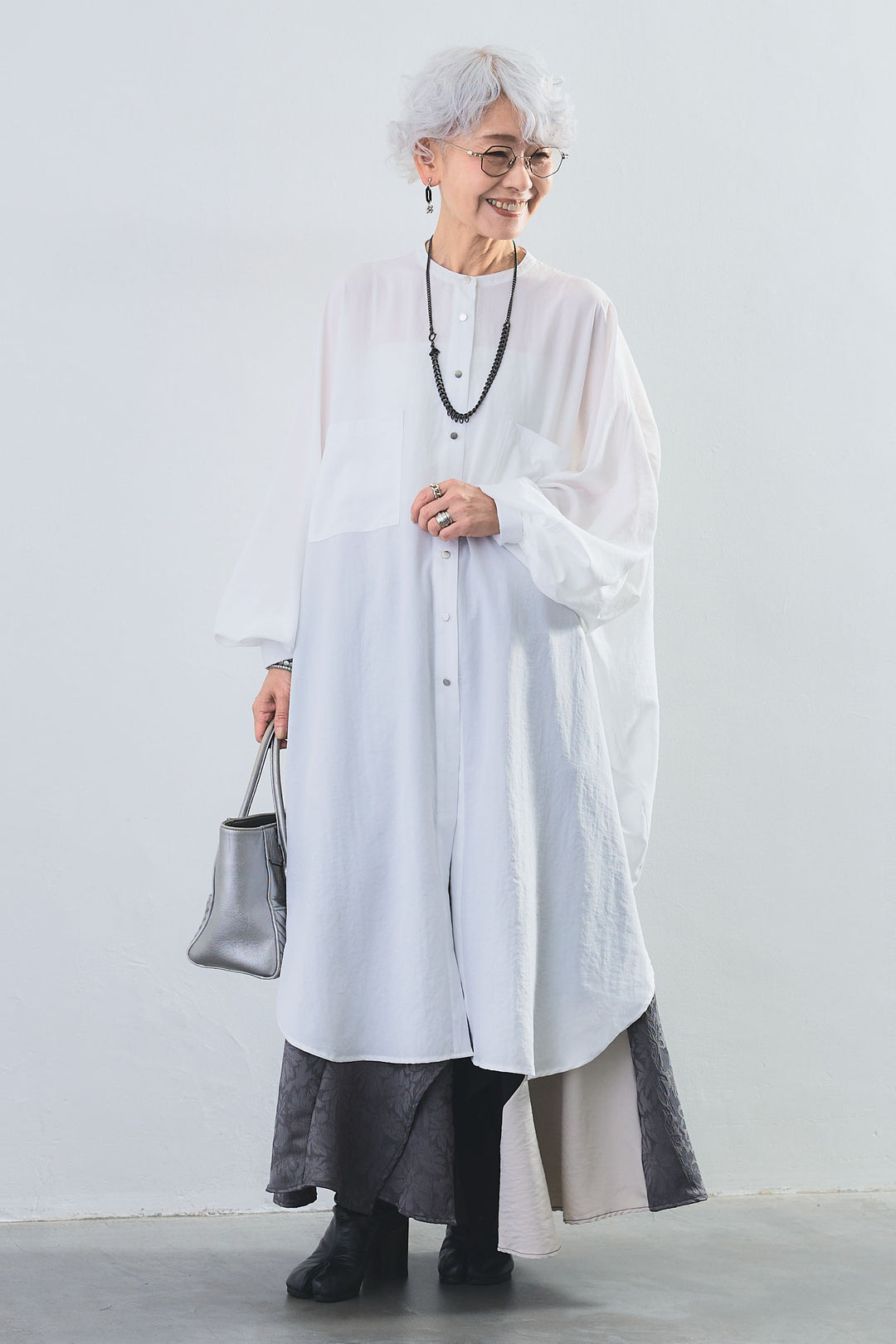 【SET】フロントスリットルーズロングシャツ+ジャガードアシンメトリーカラースカート(2set)