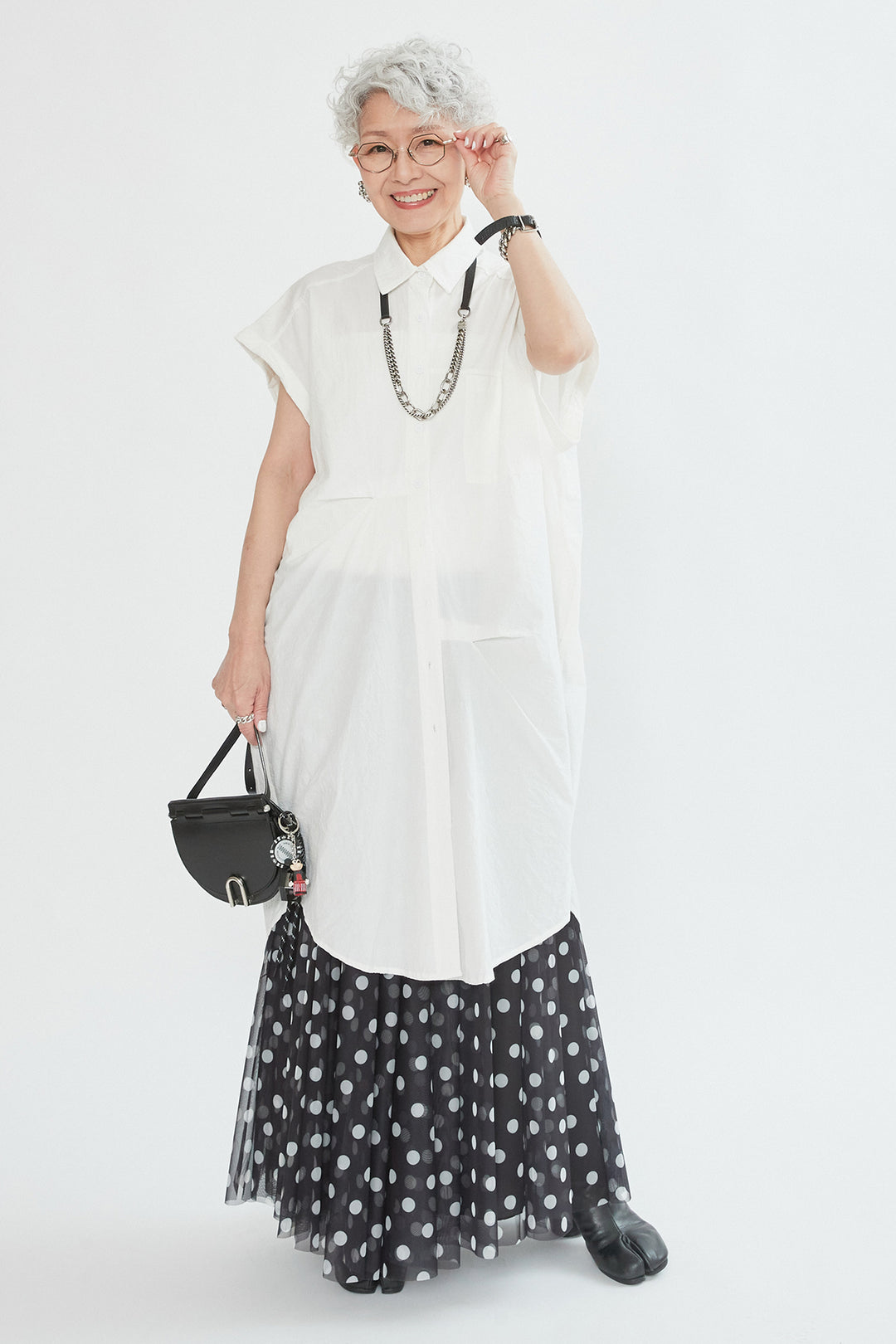 【SET】タックアシンメトリーロングシャツ+ドットチュールフレアスカート(2set)