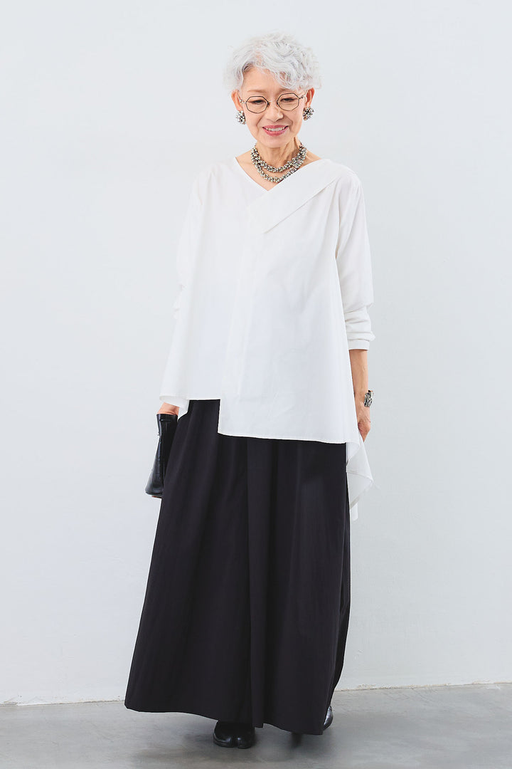 【予約】Vネックカラーアシンメトリーチュニックシャツ