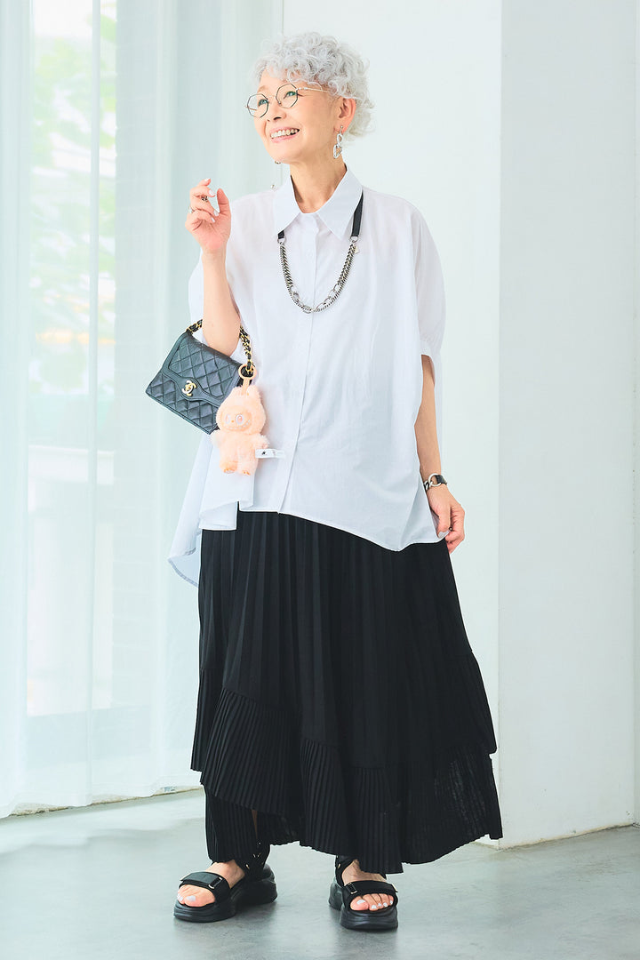 【SET】ドロップスリーブバックロングオーバーシャツ+アシンメトリーラッフルプリーツスカート(2set)