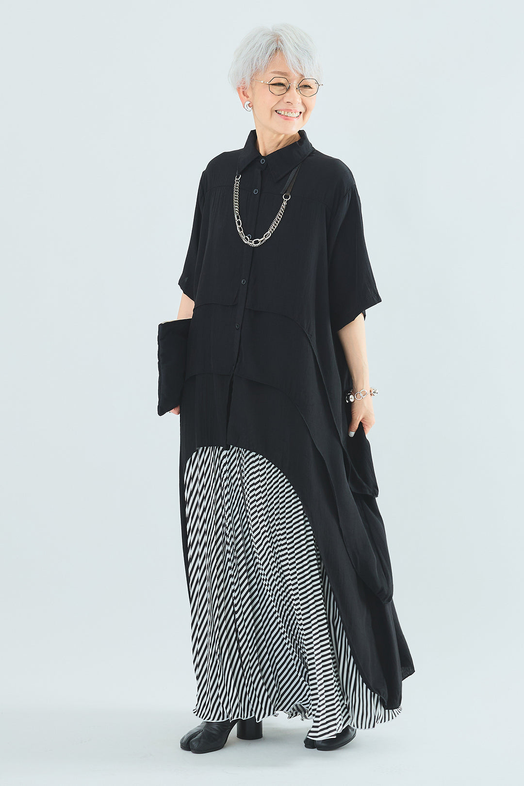 【SET】ティアードバックロングシャツ+サマーストライプロングスカート(2set)