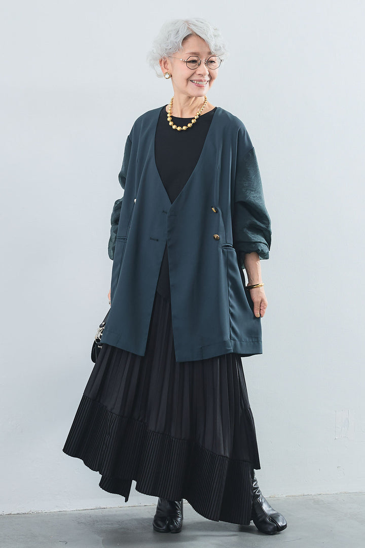 【SET】アシンメトリーロンT+MA-1オーガンジースリーブノーカラージャケット+アシンメトリープリーツスカート(3set)