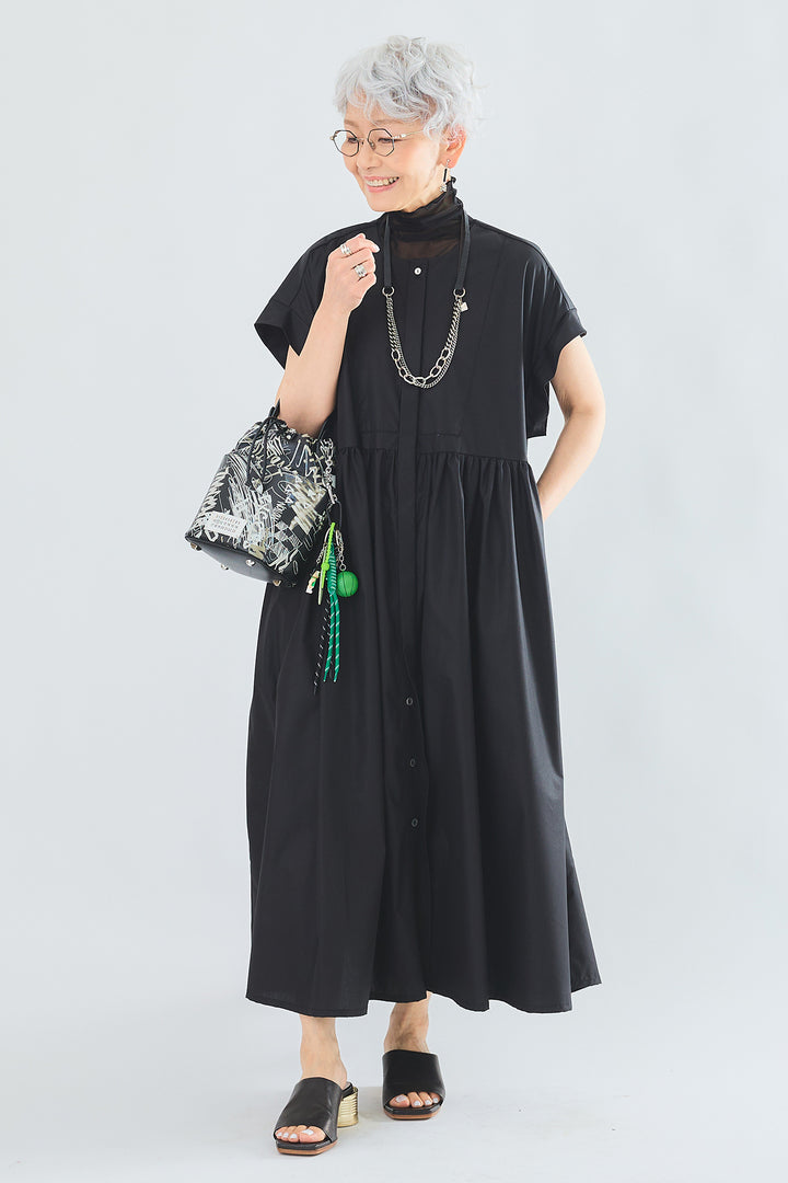 【SET】シアーハイネックノースリトップス+オーバーフレンチスリーブギャザーシャツワンピース(2set)