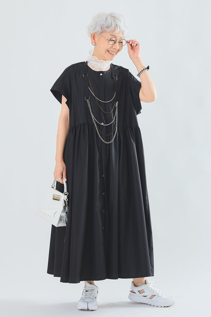 【SET】ドットシアーハイネックノースリトップス+オーバーフレンチスリーブギャザーシャツワンピース(2set)
