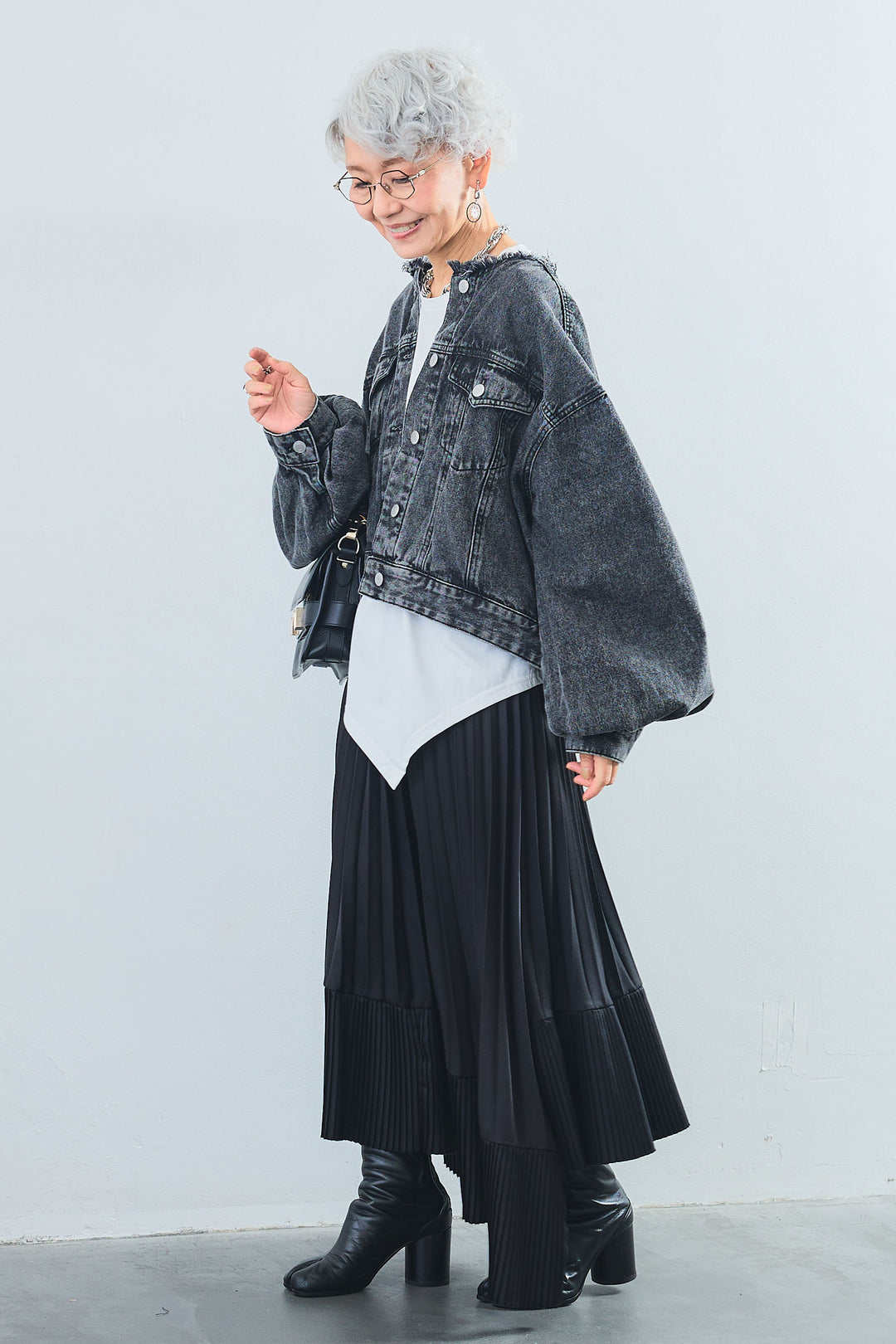 【SET】アシンメトリーロンT+ボリュームスリーブノーカラーデニムジャケット+アシンメトリープリーツスカート(3set)