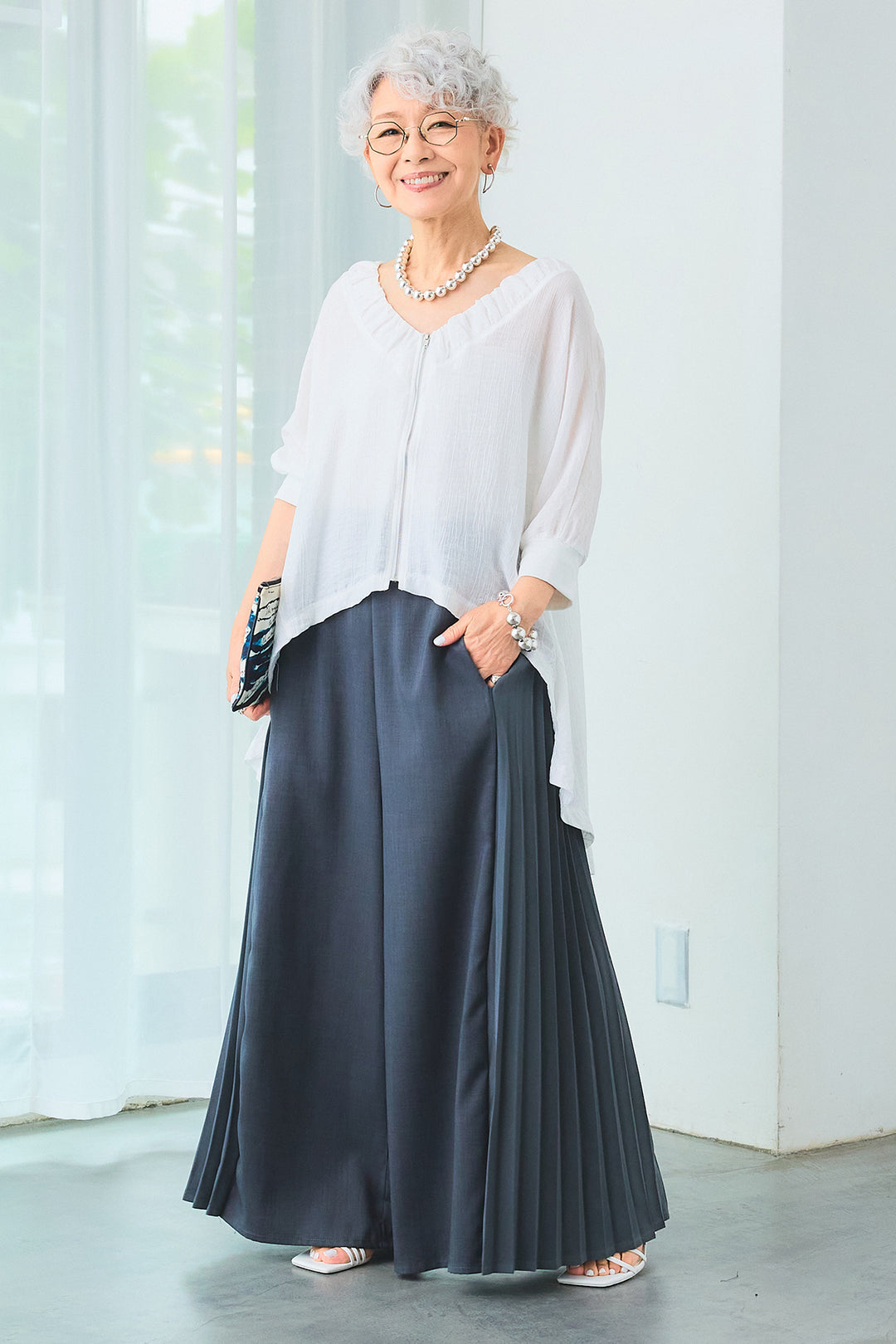 【SET】ギャザーネックロングテールZIPブラウス+サイドプリーツワイドパンツ(2set)