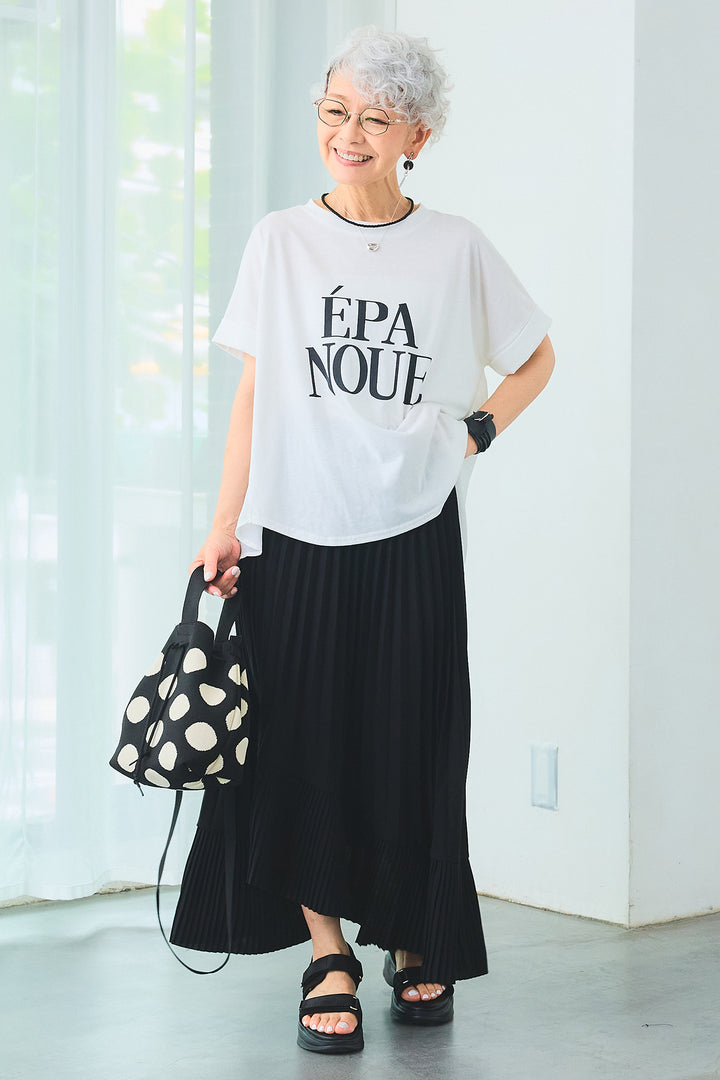 【SET】ÉPANOUEバックシフォンフレアロゴT+アシンメトリーラッフルプリーツスカート(2set)