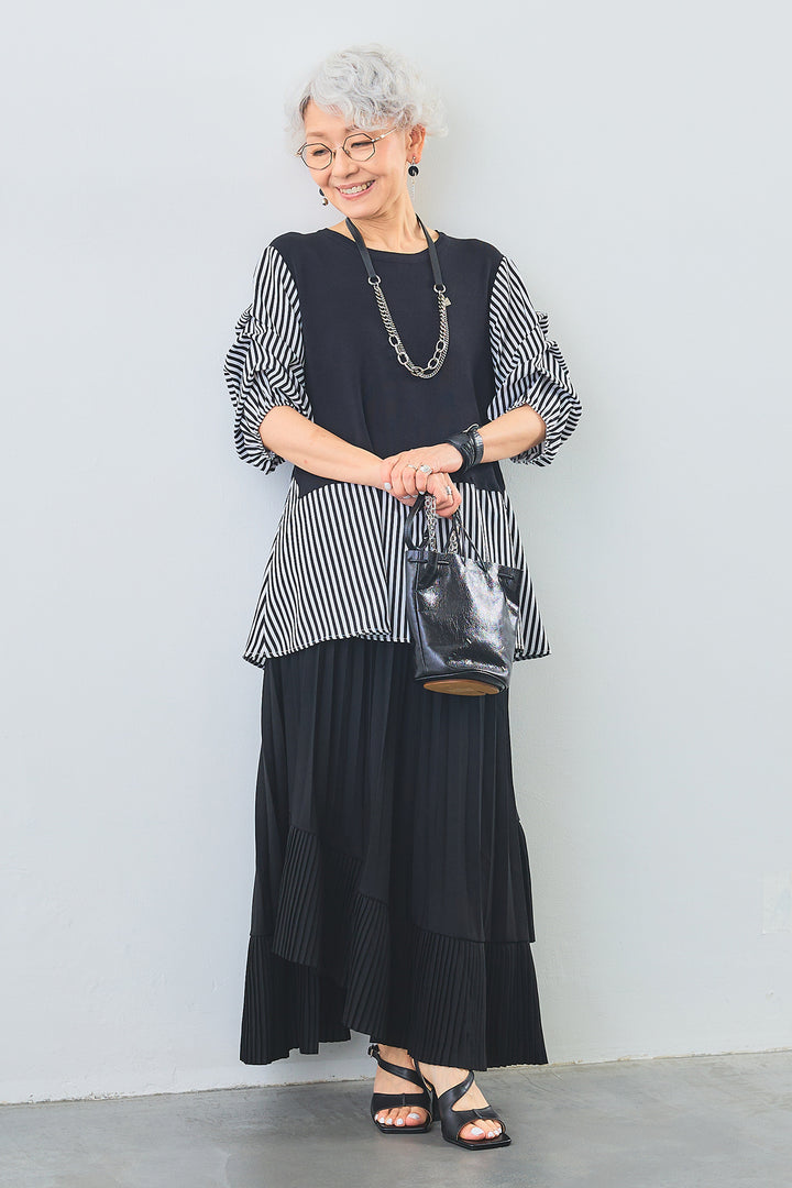 【SET】タックスリーブベストドッキングトップス+アシンメトリーラッフルプリーツスカート(2set)