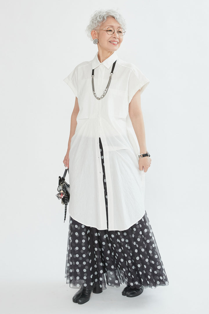 【SET】タックアシンメトリーロングシャツ+ドットチュールフレアスカート(2set)