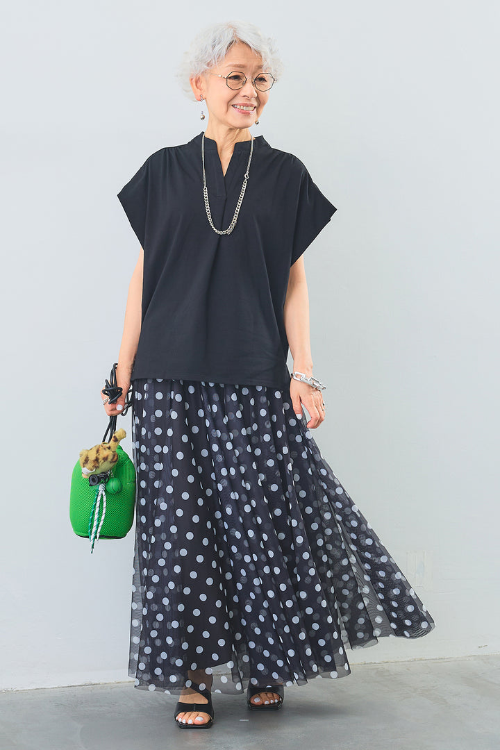 【SET】キーネックボックスシルエットT+ドットチュールフレアスカート(2set)