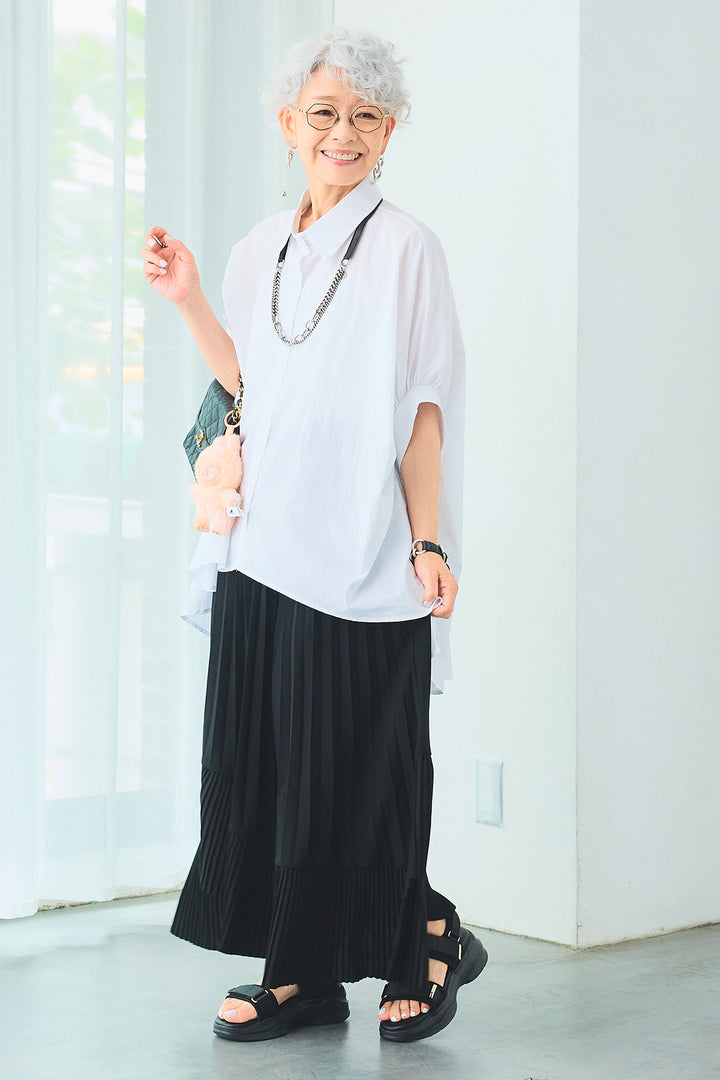 【SET】ドロップスリーブバックロングオーバーシャツ+アシンメトリーラッフルプリーツスカート(2set)