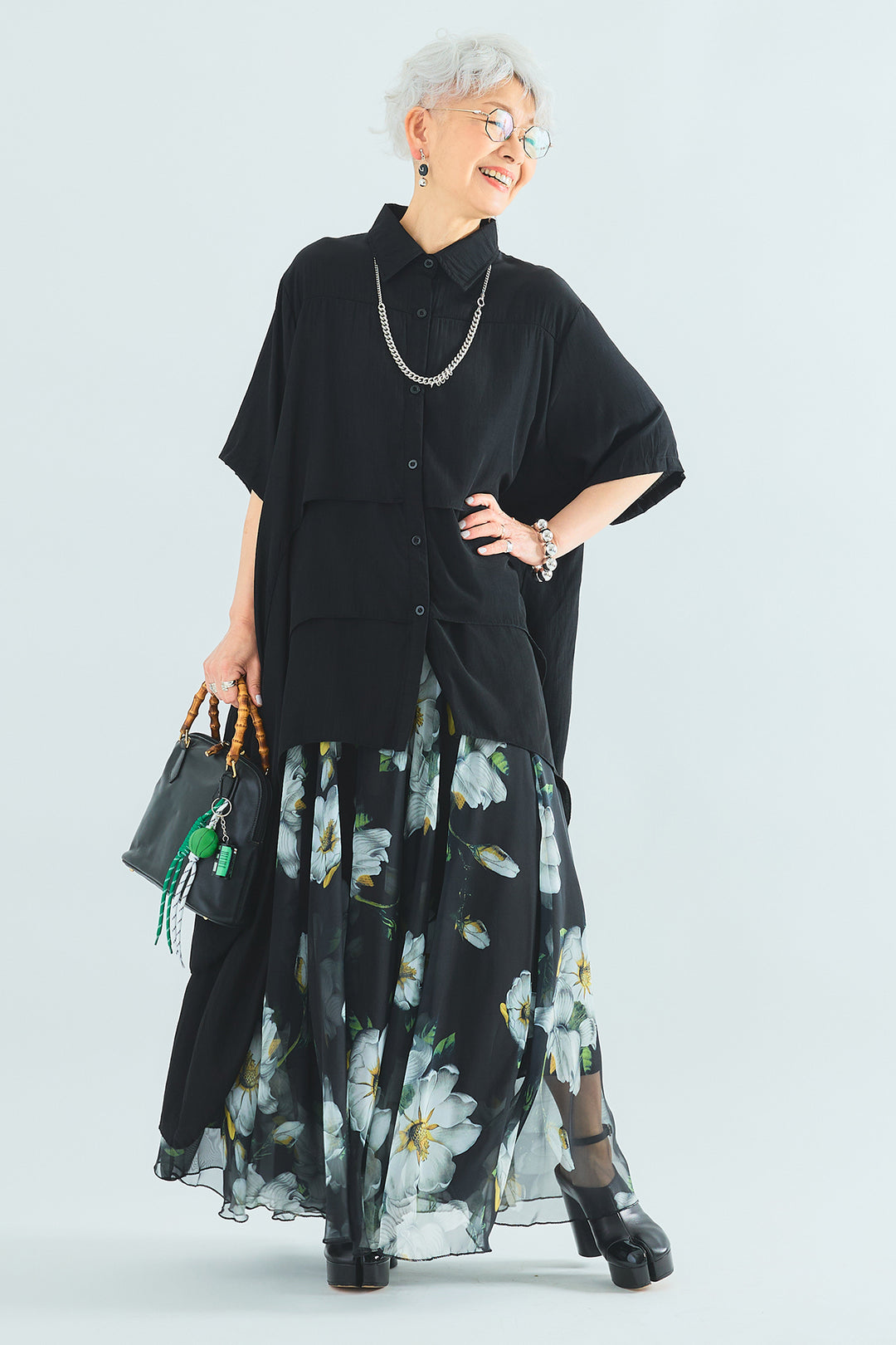 【SET】ティアードバックロングシャツ+ウォーターカラーシアーフラワースカート(2set)