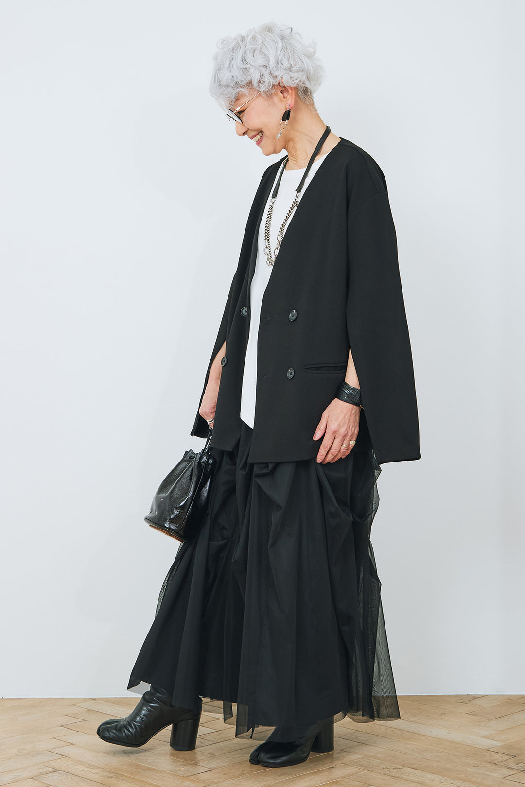 【SET】アシンメトリーロンT+袖2wayスリットノーカラージャケット+チュールタックギャザースカート(3set)