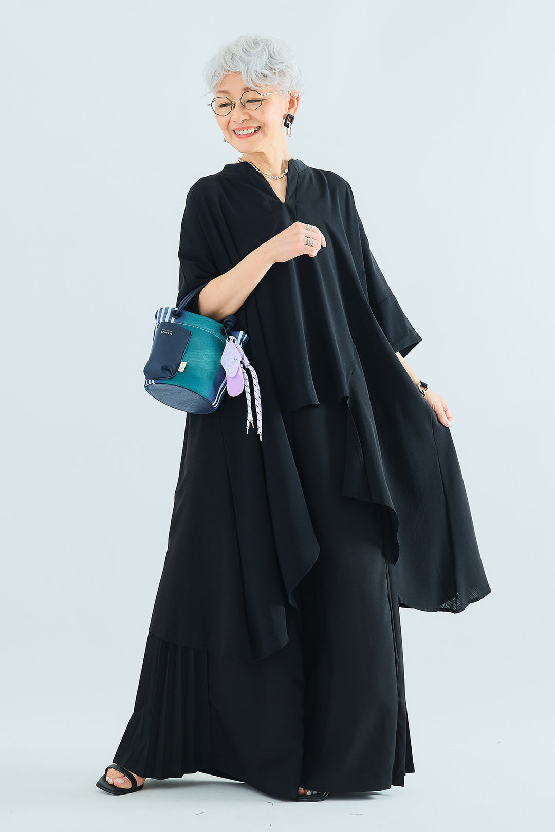 【SET】スキッパーアシンメトリーロングシャツ+サイドプリーツワイドパンツ(2set)