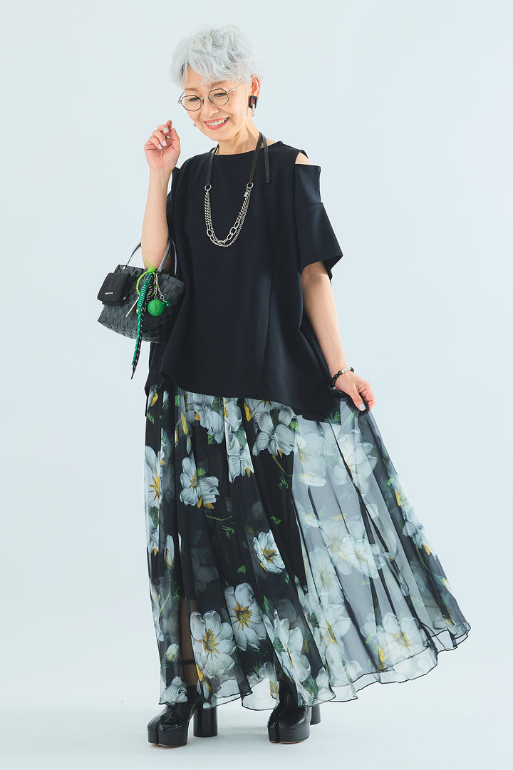 【SET】カッティングショルダーオーバートップス+ウォーターカラーシアーフラワースカート(2set)